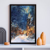 Poster Illustration de Village dans la nuit de neige