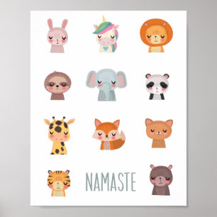 Poster Illustration de visages d'animaux Kawaii Yoga Zen