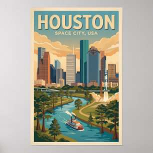 Poster Illustration de voyage à Houston Texas Art vintage