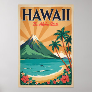 Poster Illustration de voyage de volcan d'Hawaii Art vint