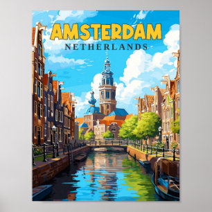 Poster Illustration de voyage vintage d'Amsterdam Pays-Ba