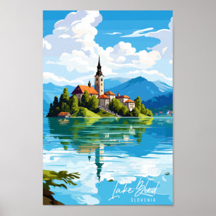 Poster Illustration de voyage vintage du lac Bled Slovéni