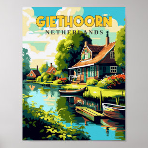 Poster Illustration de voyage vintage Giethoorn Pays-Bas