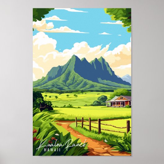 Poster Illustration de voyage vintage Kualoa Ranch Hawaii (Devant)
