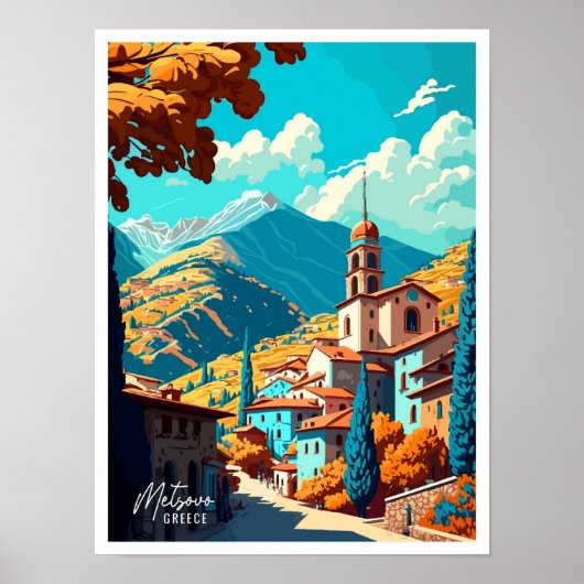 Poster Illustration de voyage vintage Metsovo Greece Art (Devant)