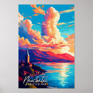 Poster Illustration de voyage vintage Neuchatel Suisse