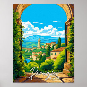 Poster Illustration de voyage vintage Perugia Italie