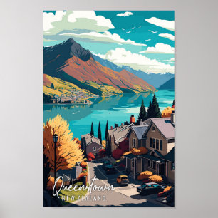Poster Illustration de voyage vintage Queenstown en Nouve