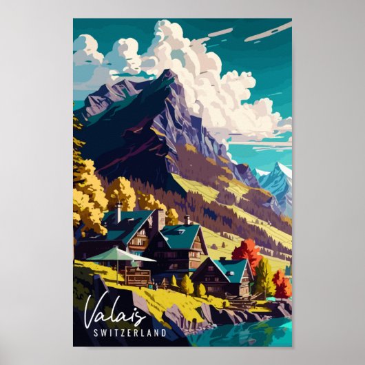 Poster Illustration de voyage vintage Valais Suisse (Devant)
