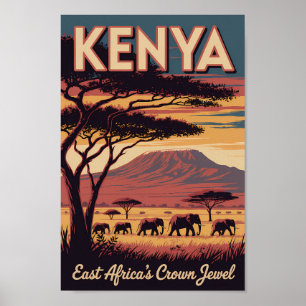 Poster Illustration d'éléphants kenyans Art de voyage Vin