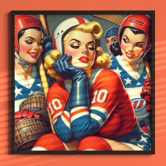 Poster Illustration des filles de hockey vintage