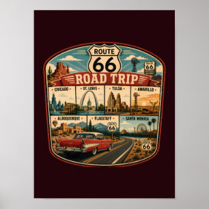Poster Illustration des monuments de la route 66 - Badge 