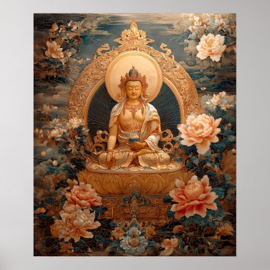 Poster Illustration du Bouddha Golden Maitreya en fleurs  (Devant)