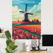Poster Illustration du champ de la tulipe de moulin Pays- (Bureau à domicile)