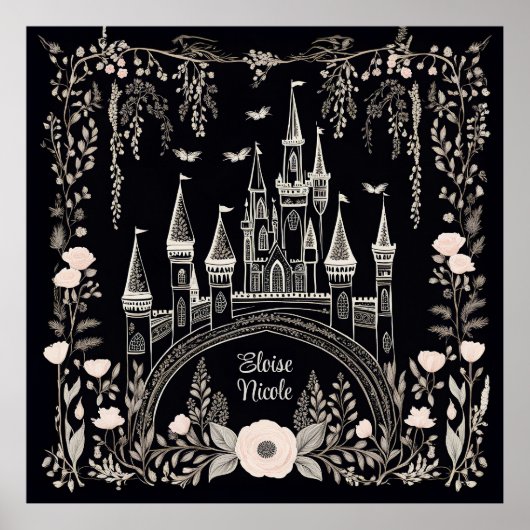 Poster Illustration du château de Fairytale noir et blanc (Devant)