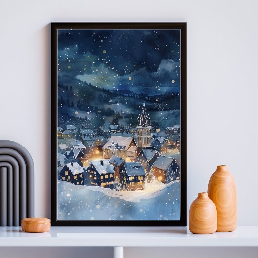 Poster Illustration du ciel nocturne Village dans la neig
