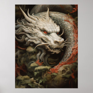 Poster Illustration du dragon oriental argenté Imprimer/