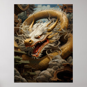 Poster Illustration du dragon oriental jaune et blanc Imp