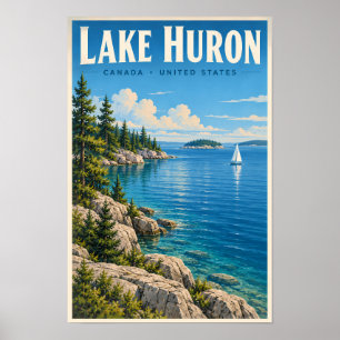 Poster Illustration du lac Huron Art de voyage vintage