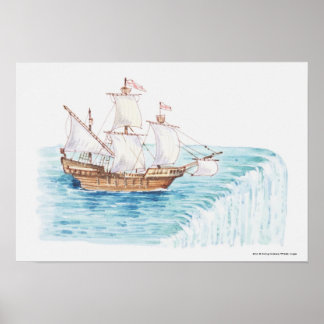 Poster Illustration du navire à l'approche du bord de la