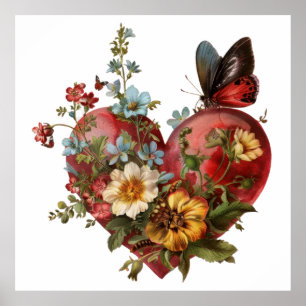 Poster Illustration du papillon floral en forme de coeur