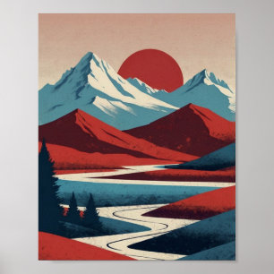 Poster Illustration du paysage de la montagne Retro Rouge