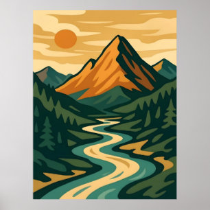 Poster Illustration du paysage de la montagne Retro Rouge