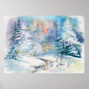 Poster Illustration du paysage d'hiver de l'aquarelle