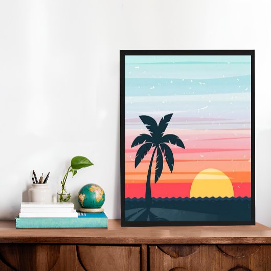 Poster Illustration du paysage du coucher de soleil vinta