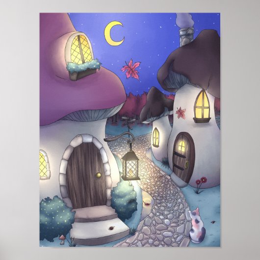 Poster Illustration du village de champignons nocturnes d (Devant)