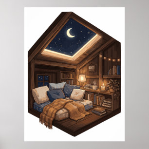 Poster Illustration d'un coin lecture cosy dans un chalet