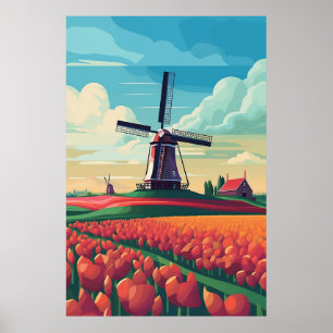 Poster Illustration d'un moulin à vent et de champs de tu