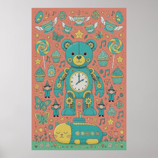 Poster Illustration d'un ours en peluche occupé mignon (Devant)