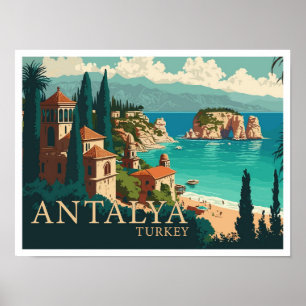 Poster Illustration d'un Vintage voyage d'Antalya Turquie