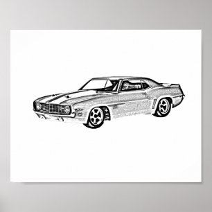 Poster Illustration en noir et blanc de Camaro Z28