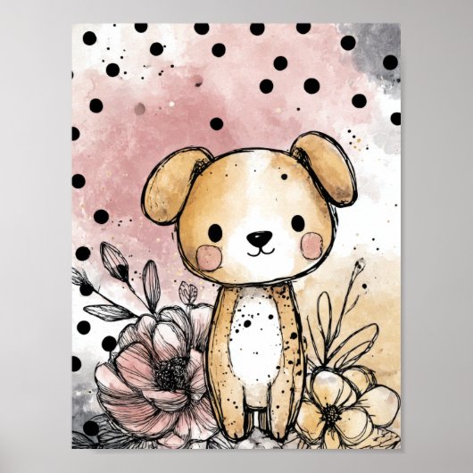 Poster Illustration fantaisiste de chiot en aquarelle flo (Devant)