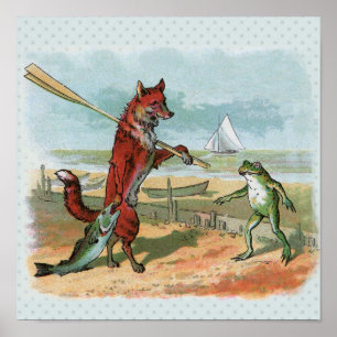 Poster Illustration fantaisiste de renard et de grenouill