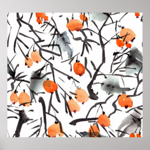 Poster Illustration Feuille des baies d'encre d'aquarelle