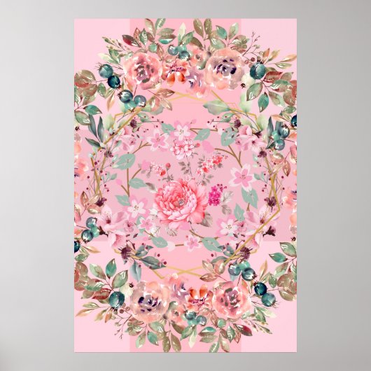 Poster Illustration florale, couronne florale rose (Devant)