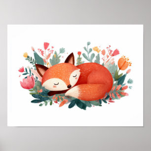Poster Illustration Florale Renard Endormi Mignonne