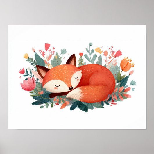 Poster Illustration Florale Renard Endormi Mignonne (Devant)