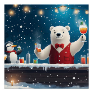 Poster Illustration Fun Festive Ours Polaire Bartender