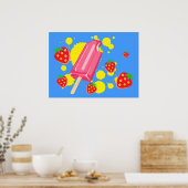 Poster Illustration Fun Pink Popsicle and Strawberries (Cuisine)