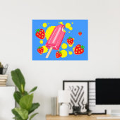 Poster Illustration Fun Pink Popsicle and Strawberries (Bureau à domicile)