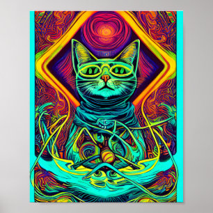 Poster Illustration hypnotique d'un chat coloré
