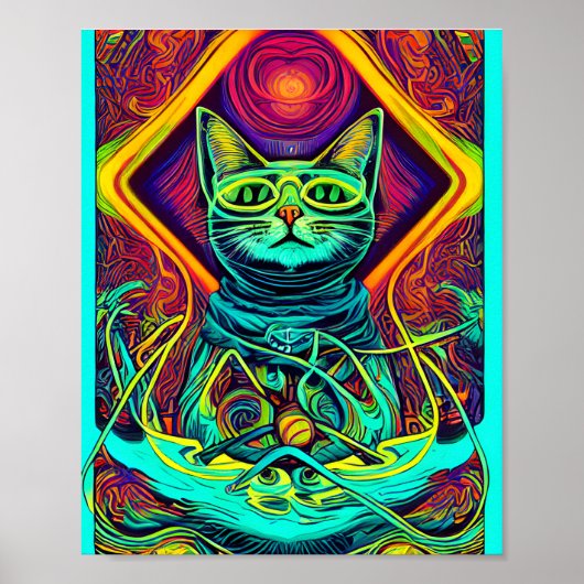 Poster Illustration hypnotique d'un chat coloré (Devant)