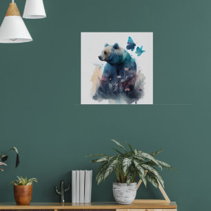 Poster Illustration IA aquarelle ours papillons nature