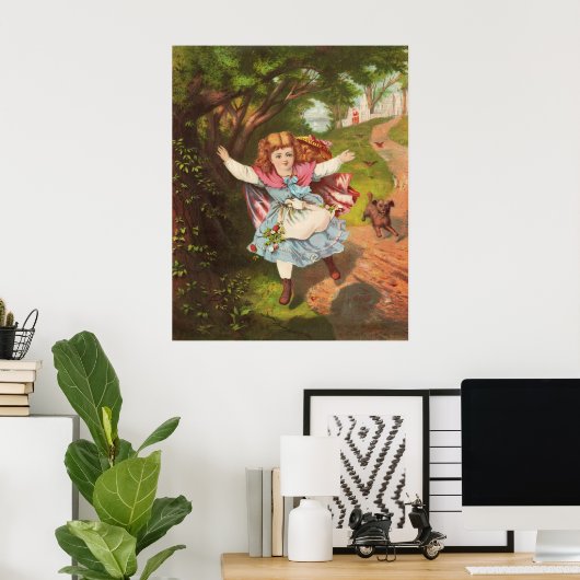 Poster Illustration lithographique d'une petite fille et (Bureau à domicile)