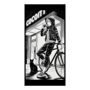 Poster Illustration Manga Monochrome - Fille Cyberpunk