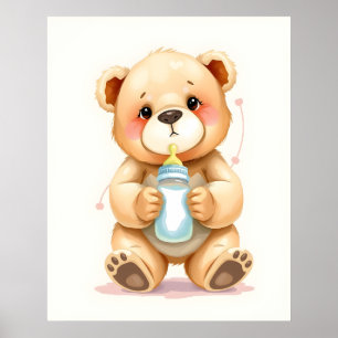 Poster Illustration mignonne d'un ourson en aquarelle